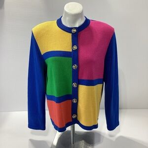 Vintage 80s Ami Knits Cardigan Colorblock Patchwork Pink Blue Gold Button Front